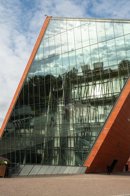 Gdansk Poland May 2022 Museum of the Second World War Modern exterior with glass facade Transparent glass wall of museum Element of facade of modern European building