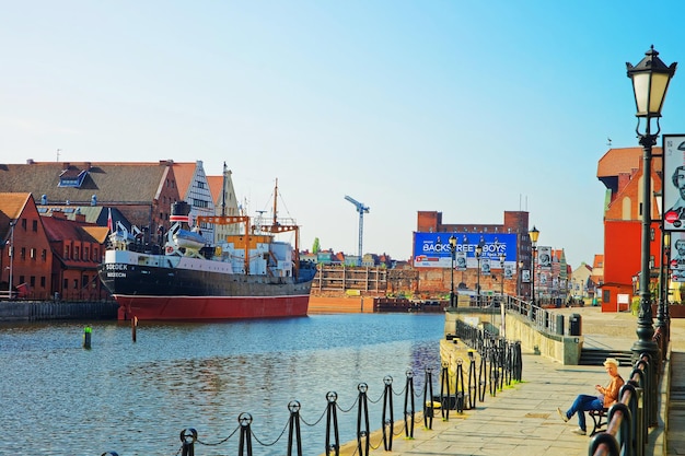 Gdansk, Poland - May 8, 2014: Ship at Waterfront of Motlawa River in Gdansk, Poland