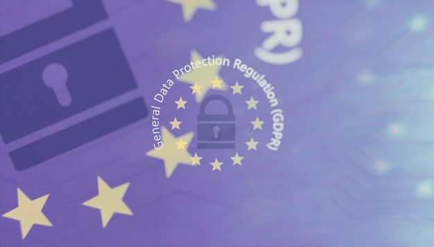 Текст Общего регламента защиты данных GDPR Europe на 3d иллюстрации флага ЕС