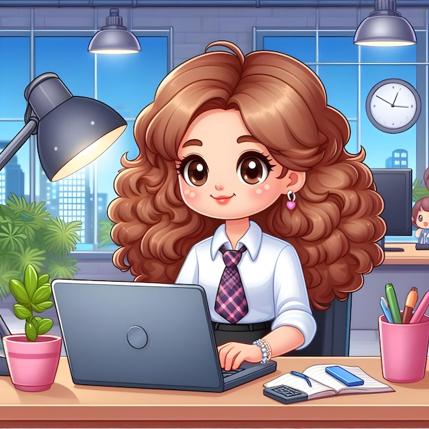 Foto geanimeerd jong meisje met krullend haar met een laptop op een gezellig kantoor bureau