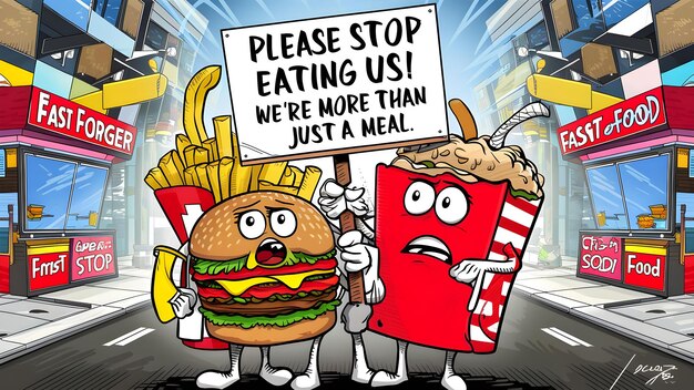 Geanimeerde fastfood mascots met een bord dat vraagt om te worden gespaard Concept Fast food mascots teken geanimeerde humor