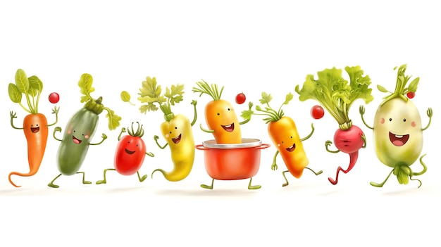 Geanimeerde groenten met gezichten die vrolijk rond een kookpot marcheren en springen