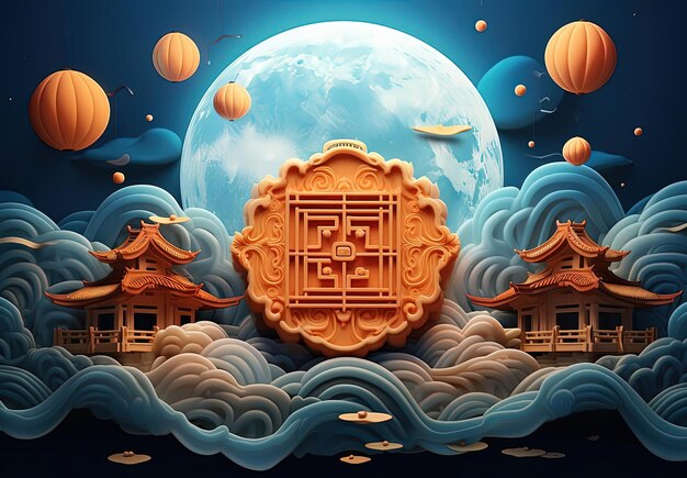geanimeerde mooncake-illustratie met gelukkig chinees nieuwjaarsfestival in de stijl van donkeroranje