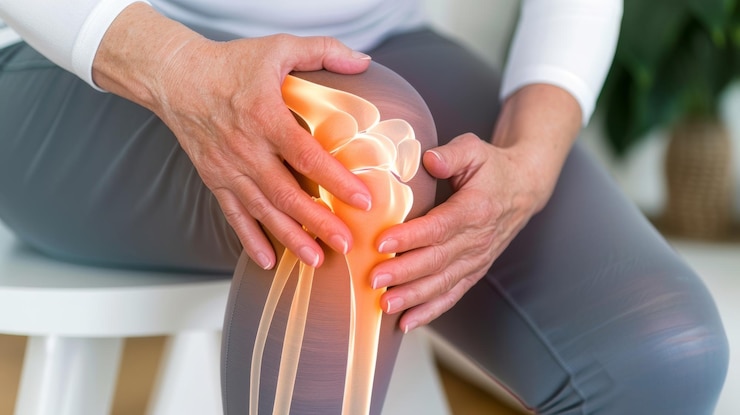 Geanimeerde persoon die knieën masseert als symbool voor verlichting en zelfzorg voor gewrichtspijn gezondheidszorgconcept