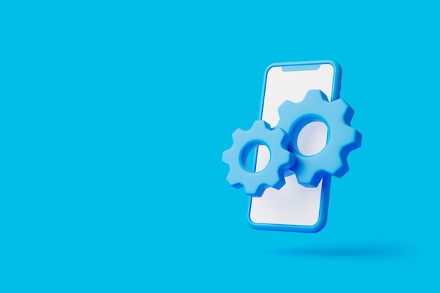 Photo gear icon with white screen smartphone on blue background with copy space 3d render illustration