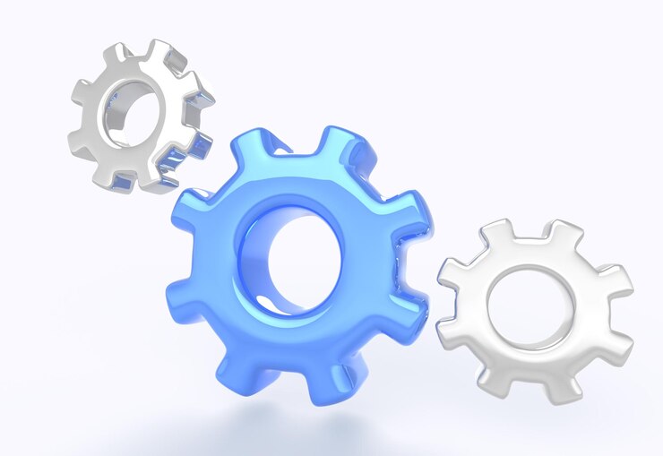 Photo gear icons on white background 3d render metal and blue engine cogs setting symbol cogwheels mechanism working process teamwork cooperation software development concept