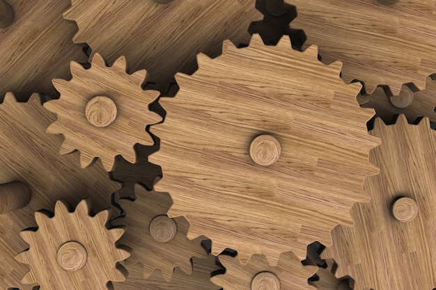 The gear mechanism close-up. Wooden gears