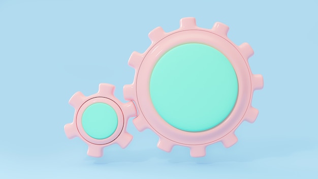 Photo gear pink and green pastel color middle area enter for your text on blue background. clipping path. 3d render.