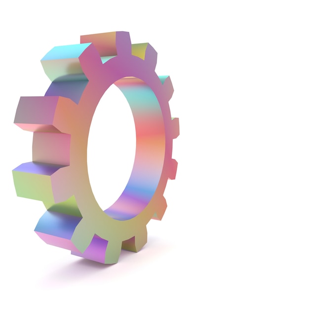 Gear upright 3d illustration with colored gradient reflections isolated on white