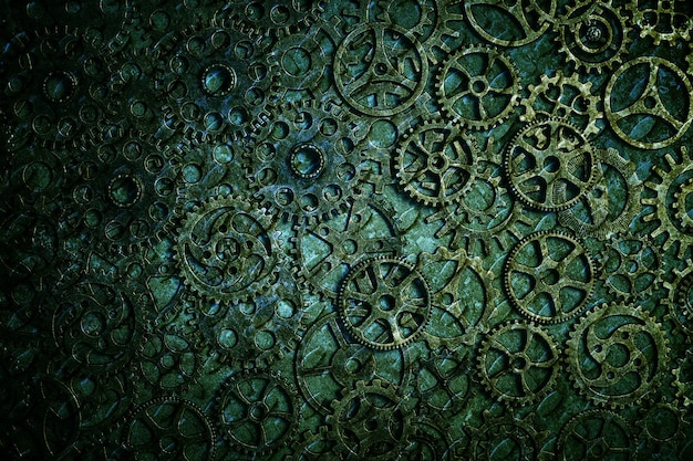 Photo gears, abstract background, lots of little rusty gears with a green tinge, steampunk.