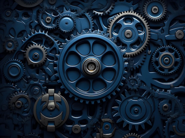 gears and cogs are arranged in a pattern on a blue background Generative AI