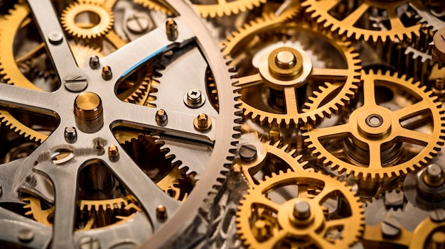 Gears and cogs in clockwork watch mechanism Generative AI