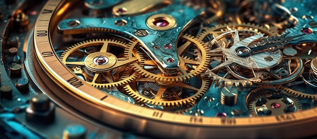 Gears and cogs in clockwork watch mechanism