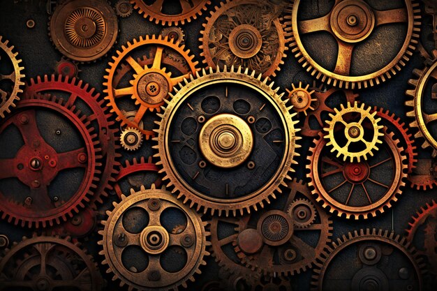 Photo gears and cogs on grunge metal background closeup