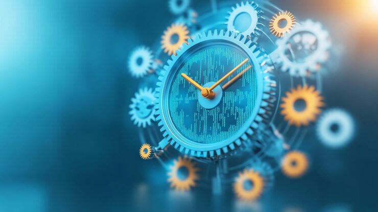 Photo gears and cogs with c syntax forming a clock representing timeefficient development tools coding precision efficient tools