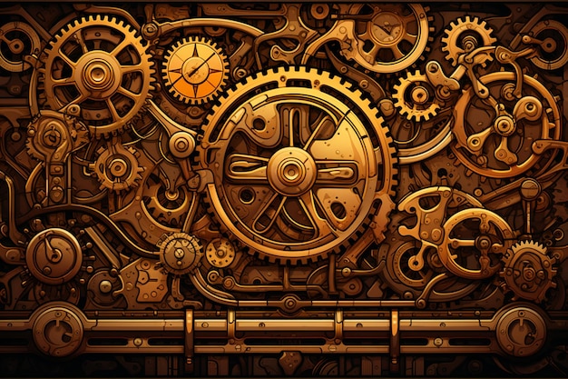 gears and cogs on a wooden background with a black background generative ai