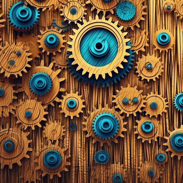 gears and cogs on a wooden surface with a blue clock generative ai