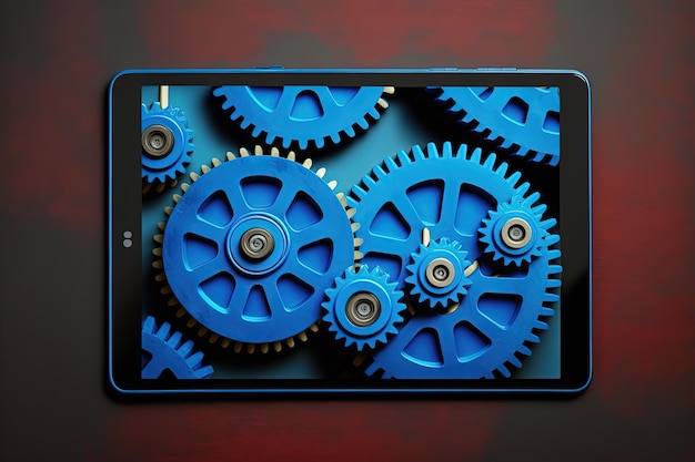 Gears illustration on tablet screen blue background Generative AI