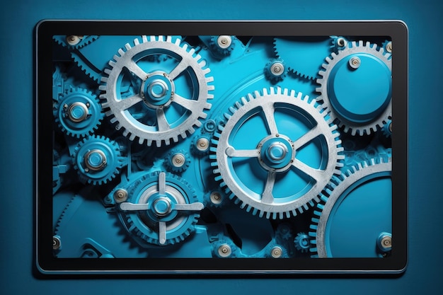 Gears illustration on tablet screen blue background Generative AI