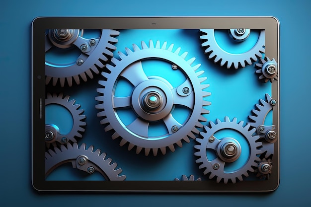 Gears illustration on tablet screen blue background Generative AI