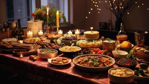 Geassorteerd eten op tafel Een feest van heerlijke gerechten en culinaire hoogstandjes Gelukkig nieuwjaar