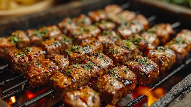 Geassorteerd heerlijk gegrild vlees en braadworst met groenten boven de kolen op een barbecue