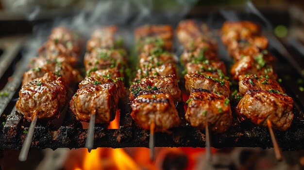 Geassorteerd heerlijk gegrild vlees en braadworst met groenten boven de kolen op een barbecue