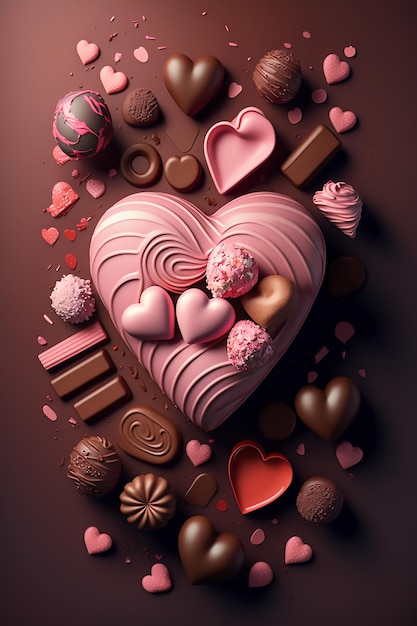 Geassorteerde chocolaatjes hartvormig op een roze achtergrond bovenaanzicht