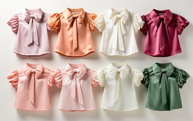 Geassorteerde collectie kleurrijke blouses die aan de muur hangen