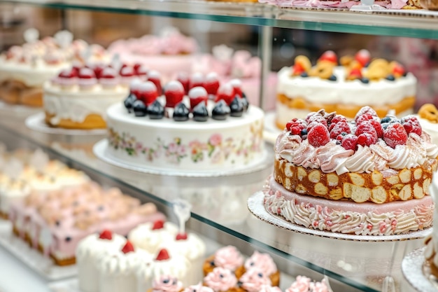 Geassorteerde elegante gebakjes in patisserie-display