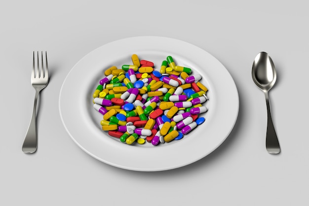 Geassorteerde farmaceutische geneeskundepillen en tablettenlepel. 3D-rendering illustratie