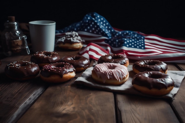 Geassorteerde geglazuurde kleurrijke donuts met suikerglazuur en hagelslag naast de Amerikaanse vlag