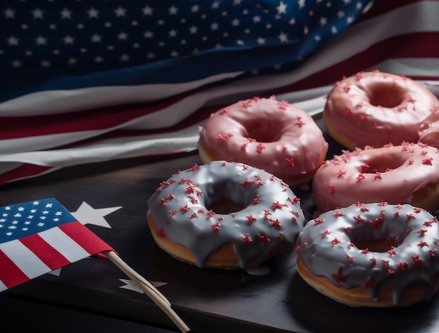Geassorteerde geglazuurde kleurrijke donuts met suikerglazuur en hagelslag naast de Amerikaanse vlag