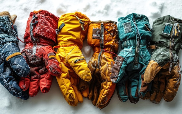 Foto geassorteerde gekleurde handschoenen op een rij op elkaar gestapeld