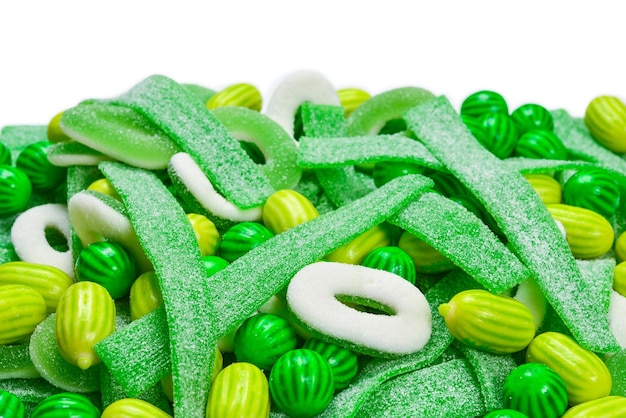 Geassorteerde groene gummy snoepjes achtergrond Bovenaanzicht Jelly snoepjes