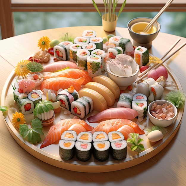 Geassorteerde sushi nigiri en maki grote set op leisteen Een verscheidenheid aan Japanse sushi met tonijnkrab zalm
