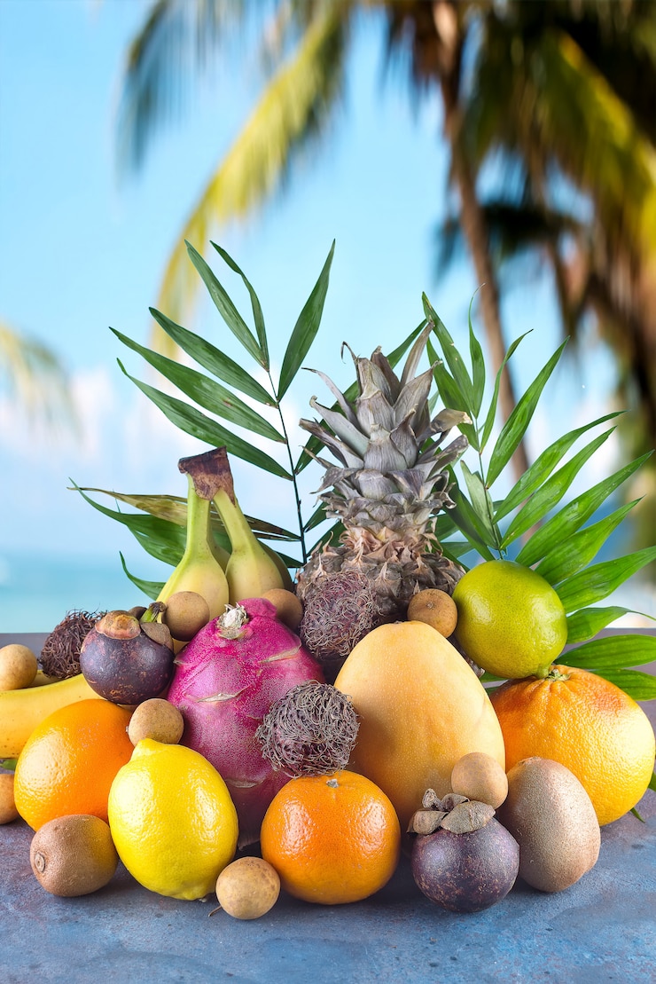 Foto geassorteerde tropische vruchten op het strand, sinaasappel, ananas, limoen, mango, drakenfruit, sinaasappel, banaan, rambutan en lichi