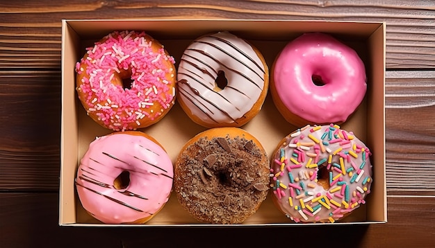 geassorteerde verschillende kleurrijke donut in een bovenaanzicht van een doos