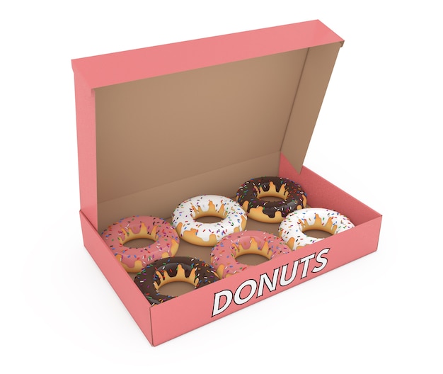 Geassorteerde zoete donuts in een papieren kartonnen doos op een witte achtergrond. 3D-rendering