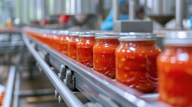 Geautomatiseerde conveyorlijn of riem in moderne tomatenpasta in glazen potten fabriek of fabriek productie