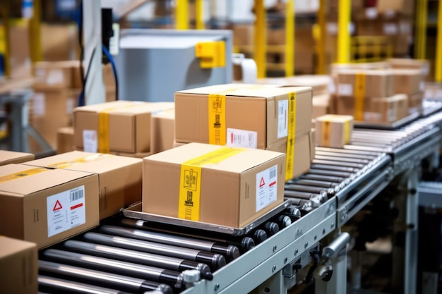 Geautomatiseerde logistieke barcode-etiketterde dozen op transportband