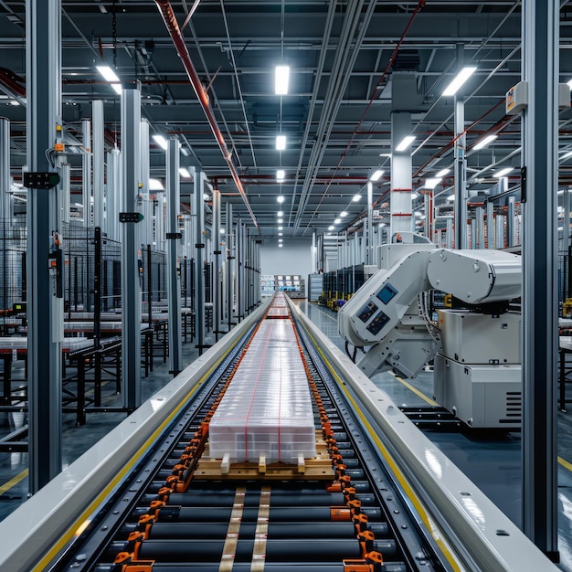 Foto geautomatiseerde productielijn met robotarm in een moderne fabriek