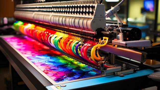 Foto geautomatiseerde textieldrukmachine creëert levendige patronen op stof in een moderne fabriek