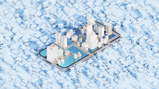 Geavanceerde communicatie en wereldwijde internetnetwerkverbinding in slimme stad Concept van toekomstige 5G draadloze digitale verbinding en sociale media-netwerken 3D-rendering
