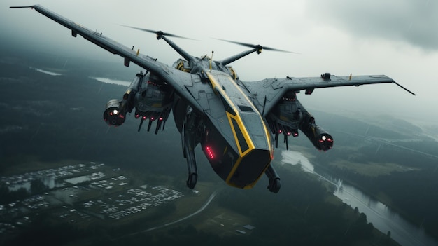 Foto geavanceerde futuristische helikopter die over regenachtig landschap zweeft