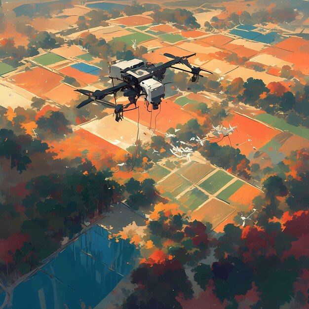 Geavanceerde landbouw Drone over landbouwgrond bij zonsondergang