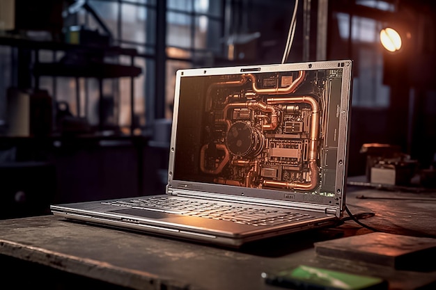 Geavanceerde laptop met metalen frame warme en koude verlichting sterk gevoel voor technologie die AI heeft gegenereerd