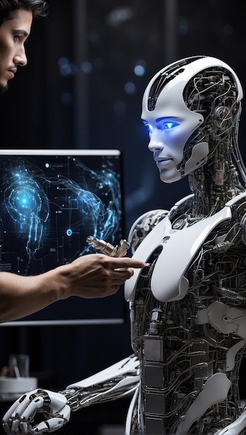 geavanceerde moderne futuristische mensen met een volledig robotlichaam menselijk gezicht met behulp van technologie