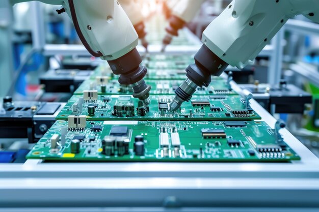 Geavanceerde robotarmen automatiseren PCB-assemblage in een elektronicafabriek