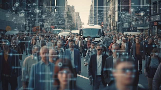 Geavanceerde technologie wordt gebruikt om een groep zakenmensen te volgen terwijl ze door een drukke stadsstraat lopen Generatieve AI en CCTV